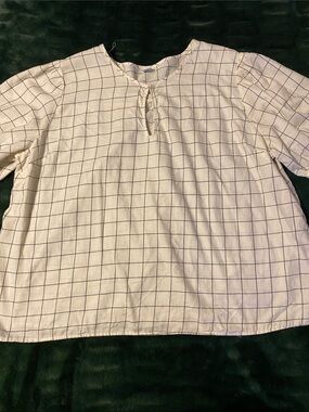 Old Navy White Blouse with Black Grid Loophole 
Neck